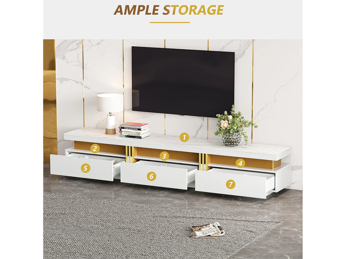 Meuble TV en Bois Blanc 200 cm 3 Tiroirs avec LED - MODERNLUXE vue 3
