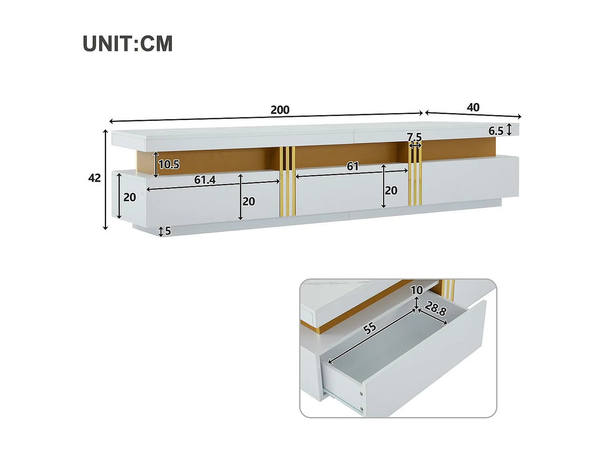Meuble TV en Bois Blanc 200 cm 3 Tiroirs avec LED - MODERNLUXE vue 4