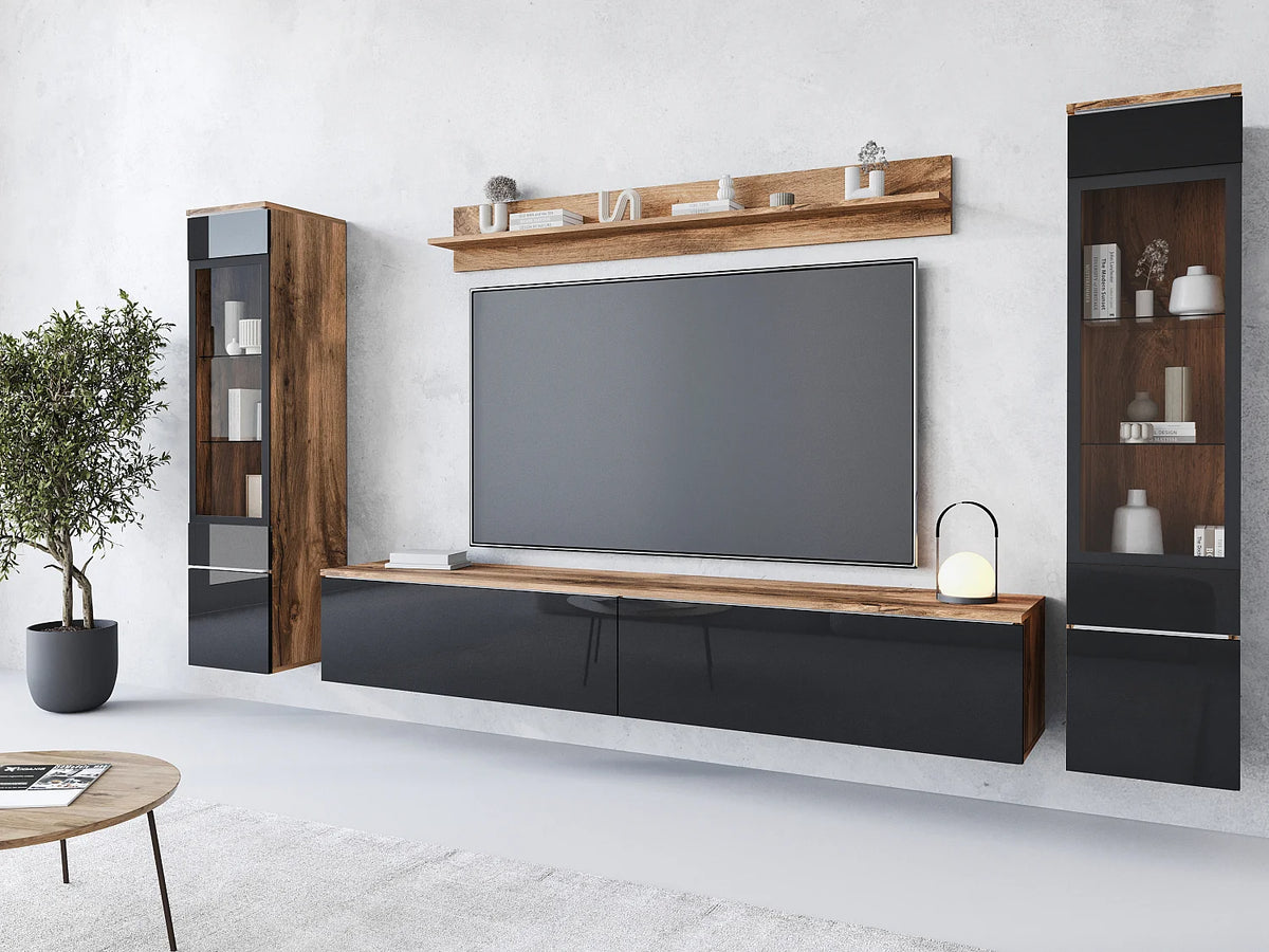 Meuble TV Suspendu Noir 240 cm Bois Clair - LAUREN MEBLE BE vue 2