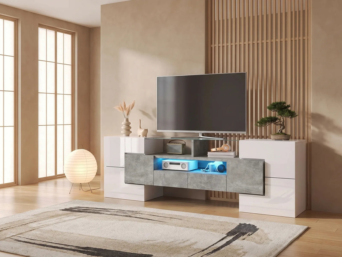 Meuble TV Blanc et Gris avec LED 145 cm MODERNLUXE dans un salon japandi lumineux aux tons chauds, vue de face