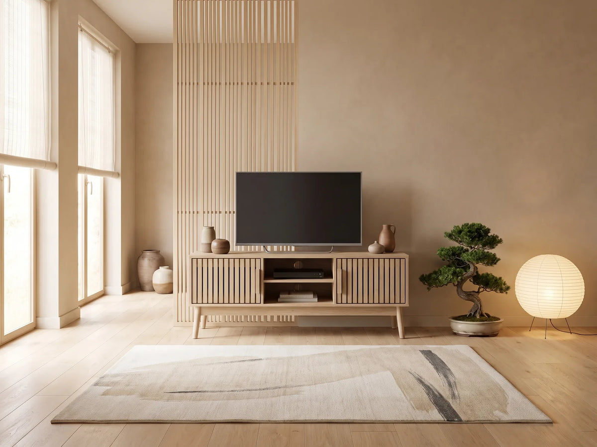 Meuble TV sur Pieds Bois Naturel Rainuré 117 cm THE HOME DECO FACTORY dans un salon japandi lumineux aux tons chauds, vue de face