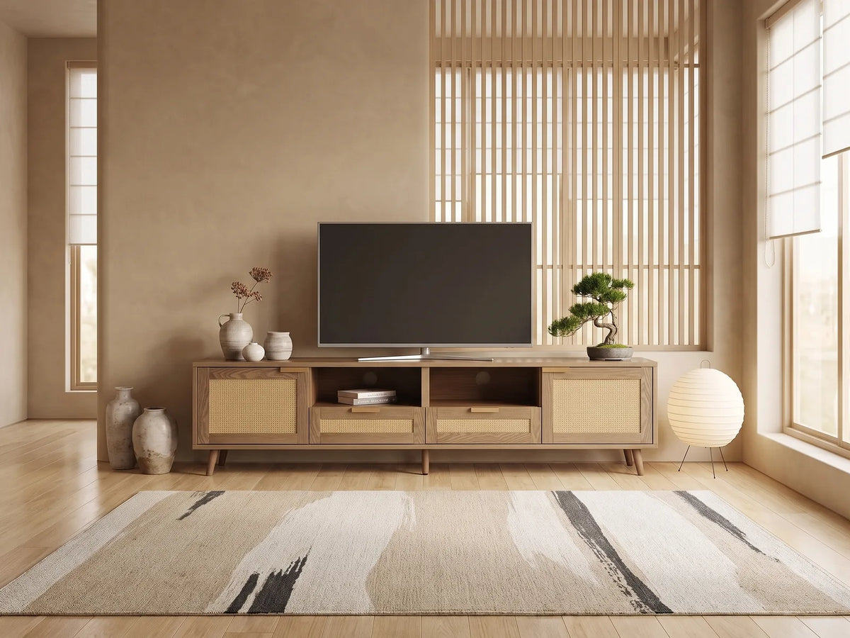 Meuble TV sur Pieds Bois Naturel et Cannage 200 cm MODERNLUXE dans un salon japandi lumineux aux tons chauds, vue de face