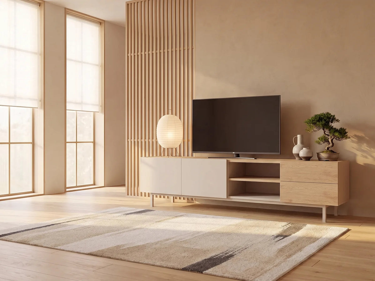 Meuble TV sur Pieds Beige et Bois Clair 180 cm REYALA dans un salon japandi lumineux aux tons chauds, vue de face