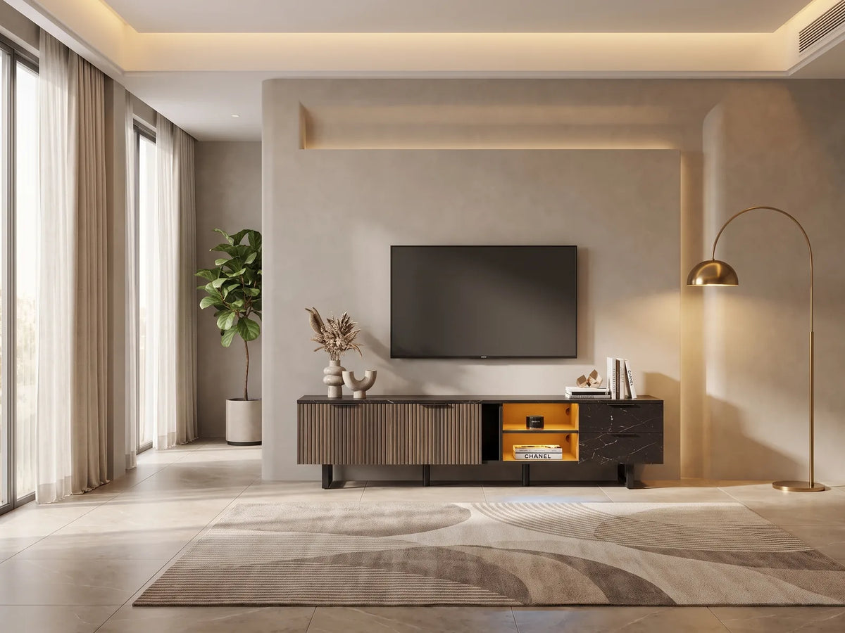 Meuble TV Bois et Noir avec LED 2 Portes 2 Tiroirs 200 cm MERAX dans un salon moderne lumineux aux tons chauds, vue de face
