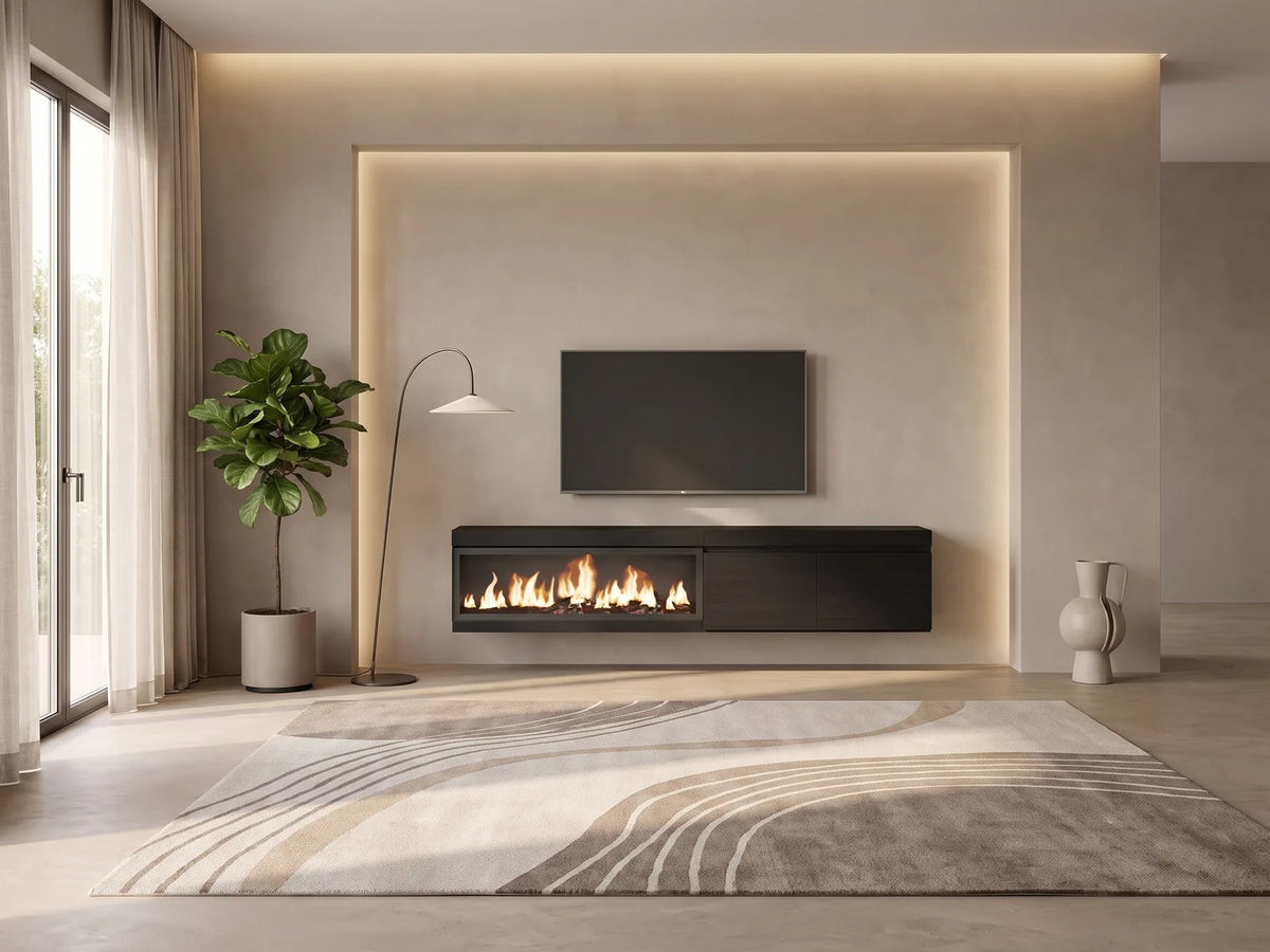 Meuble TV Suspendu Noir avec Cheminée Électrique 208 cm H 45 cm SKRAUT HOME dans un salon moderne lumineux aux tons chauds, vue de face