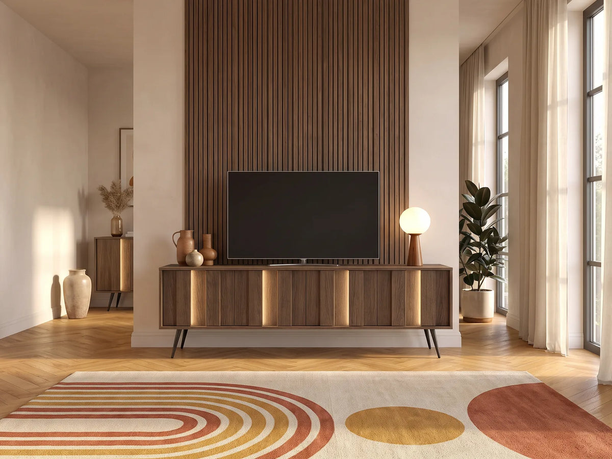 Meuble TV sur Pieds Bois Foncé et Noir avec LED 183 cm KALSIYA dans un salon vintage lumineux aux tons chauds, vue de face