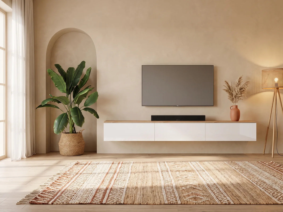 Meuble TV Suspendu Effet Chêne et Blanc Laqué avec LED 300 cm AX LIVING dans un salon bohème lumineux aux tons chauds, vue de face