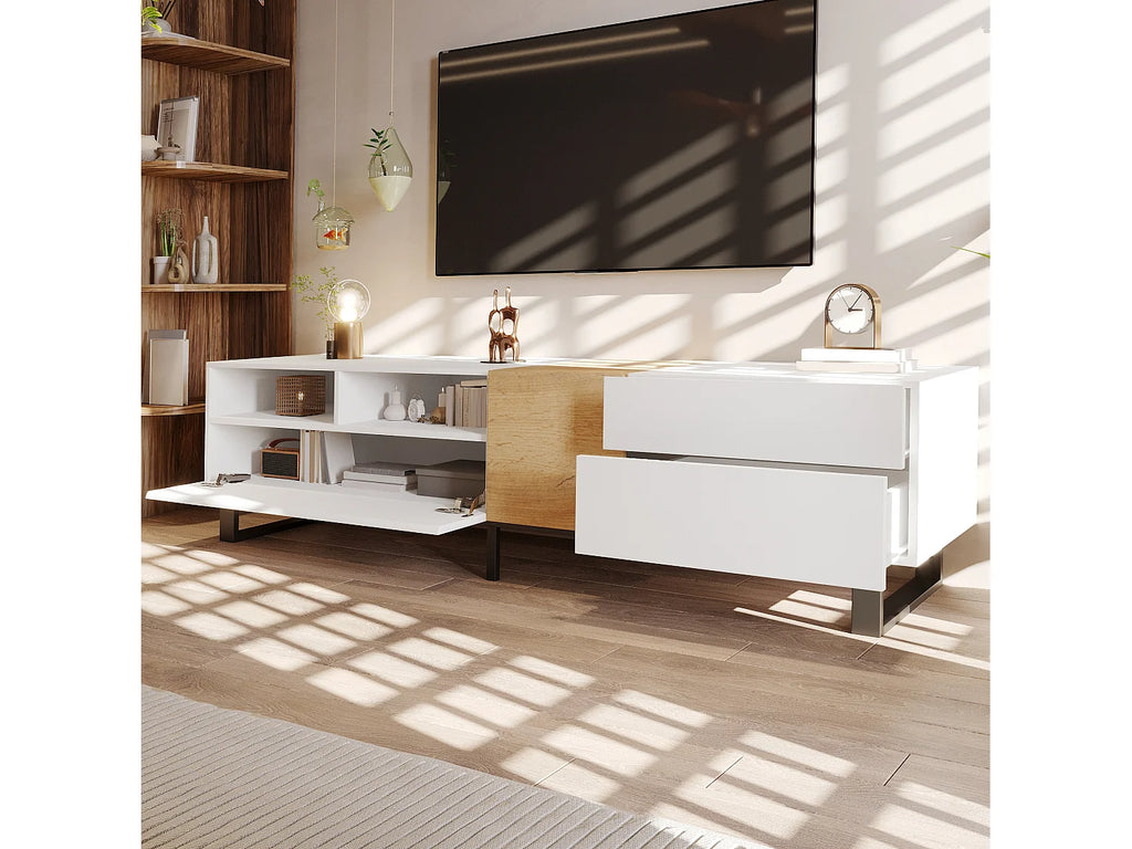 Meuble TV en Bois Blanc 180 cm 2 Tiroirs - MODERNLUXE vue 3