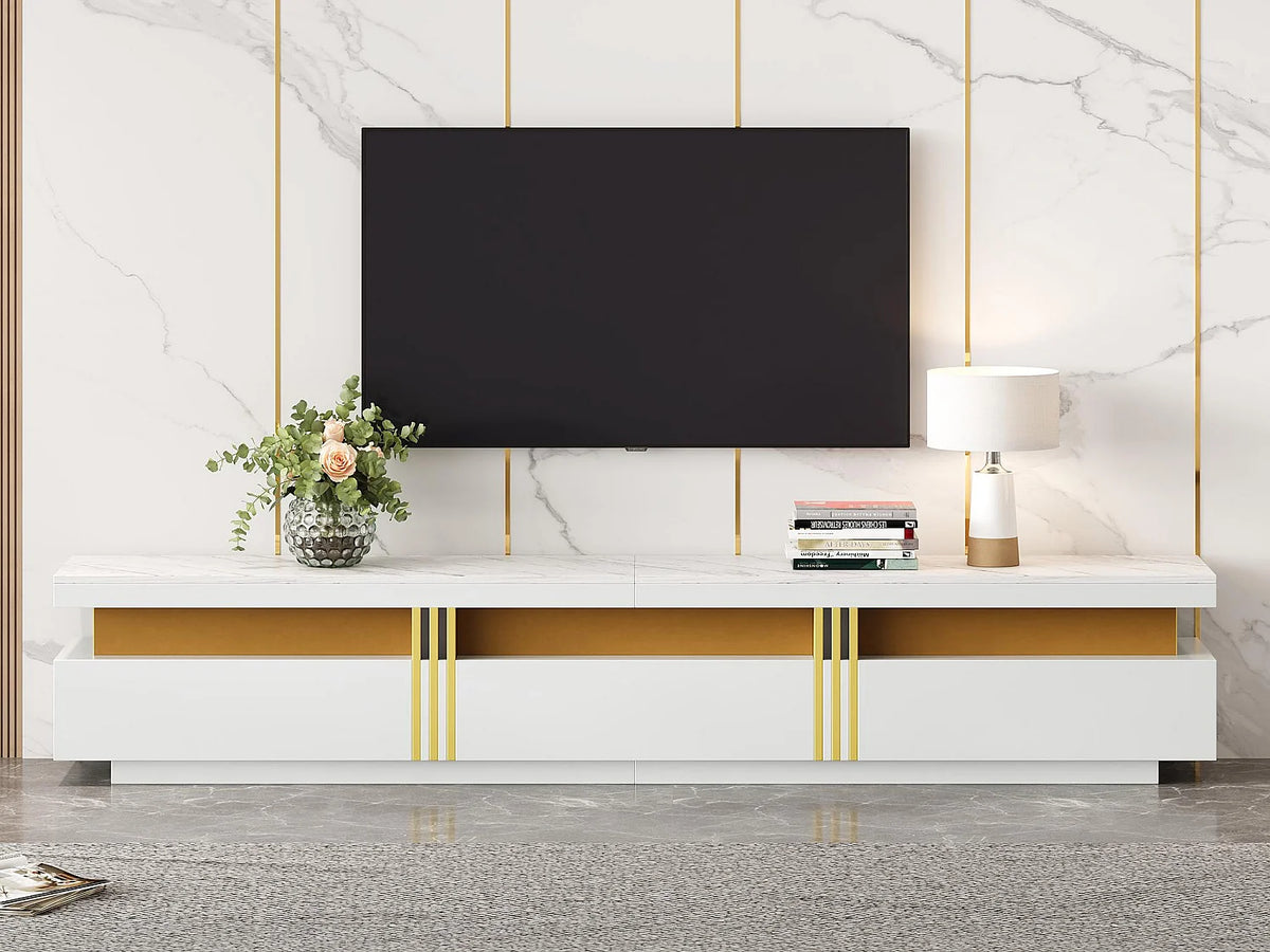 Meuble TV en Bois Blanc 200 cm 3 Tiroirs avec LED - MODERNLUXE