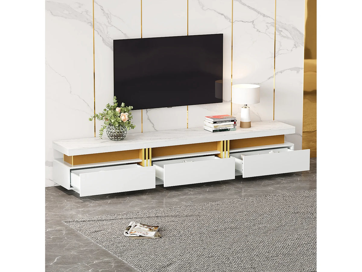 Meuble TV en Bois Blanc 200 cm 3 Tiroirs avec LED - MODERNLUXE vue 2