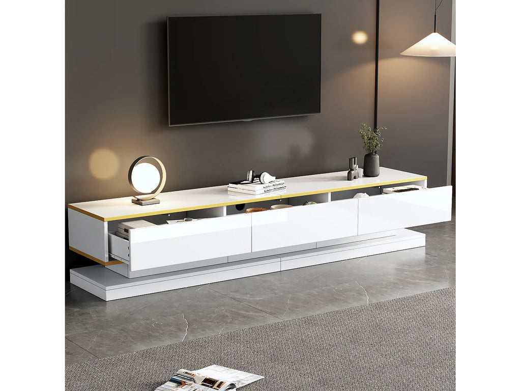 Meuble TV en Bois Blanc 200 cm 3 Tiroirs avec LED - MERAX