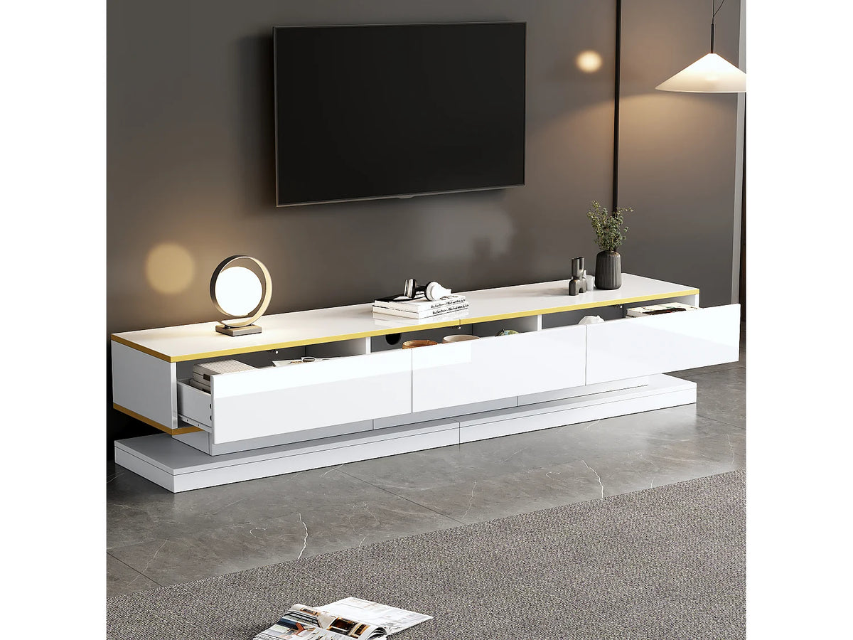 Meuble TV en Bois Blanc 200 cm 3 Tiroirs avec LED - MERAX
