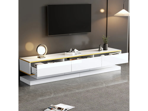Meuble TV en Bois Blanc 200 cm 3 Tiroirs avec LED - MERAX