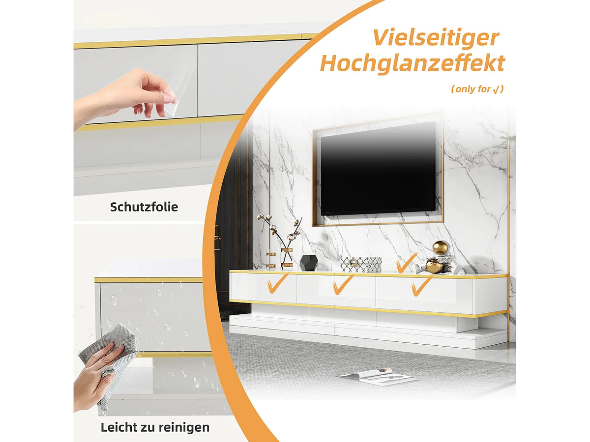 Meuble TV en Bois Blanc 200 cm 3 Tiroirs avec LED - MERAX vue 3