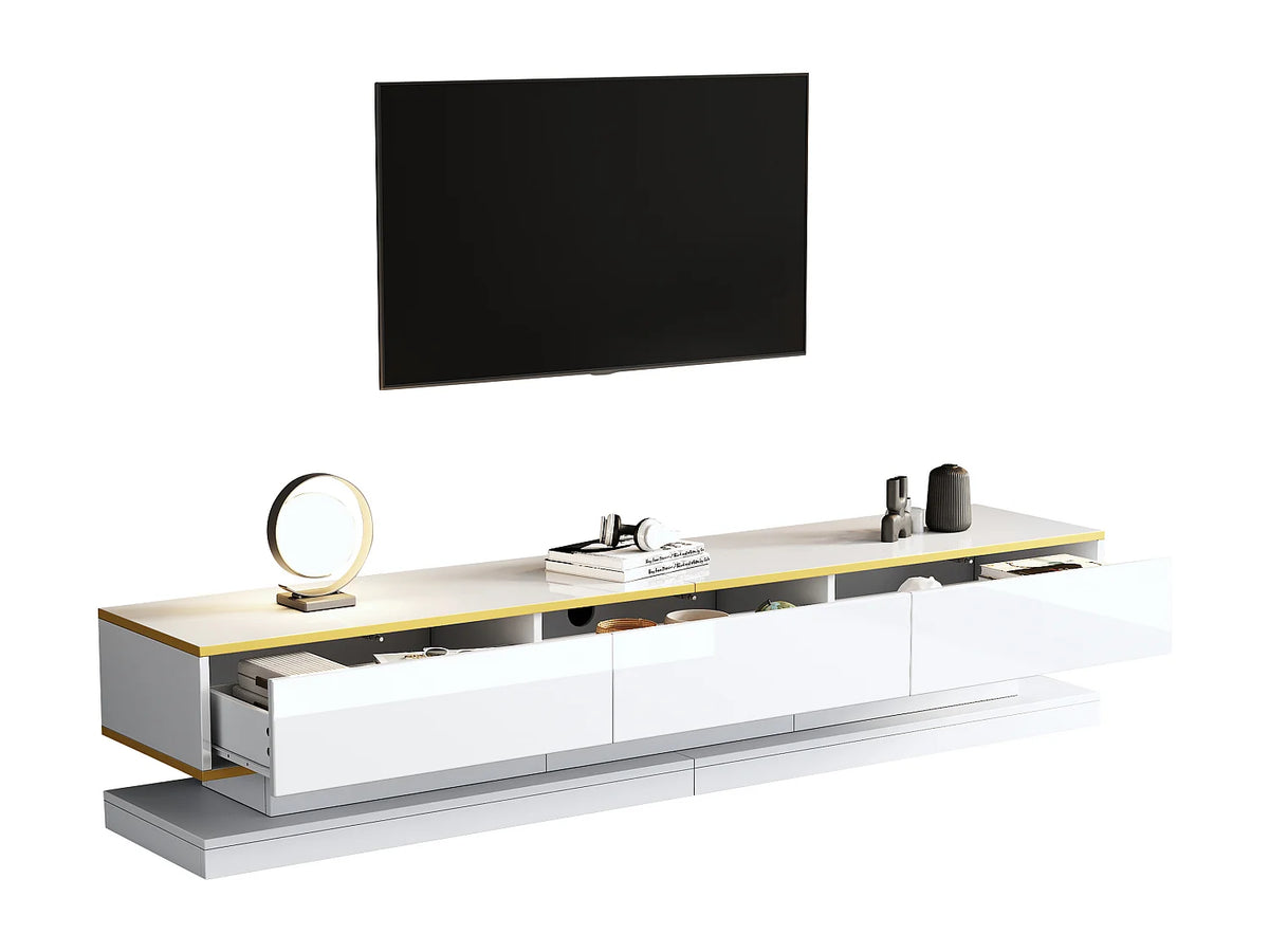 Meuble TV en Bois Blanc 200 cm 3 Tiroirs avec LED - MERAX vue 4