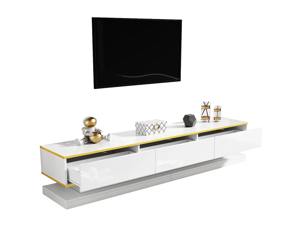 Meuble TV en Bois Blanc 200 cm 3 Tiroirs avec LED - MERAX vue 5