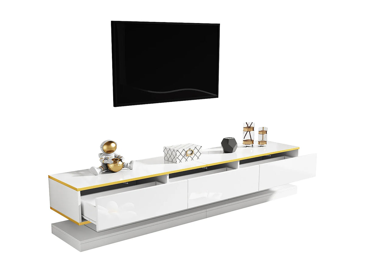Meuble TV en Bois Blanc 200 cm 3 Tiroirs avec LED - MERAX vue 5