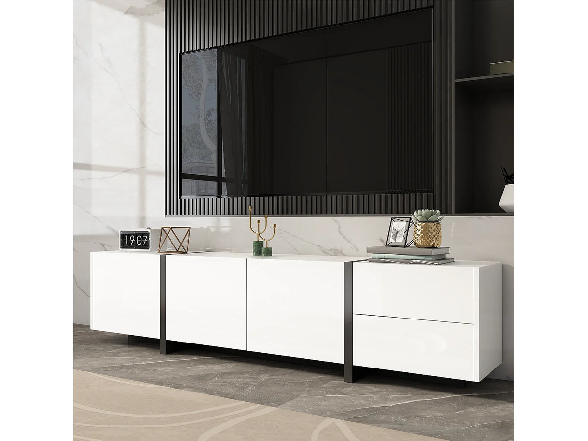 Meuble TV en Bois Blanc 170 cm 4 Portes 1 Tiroir Moderne - MERAX vue 3