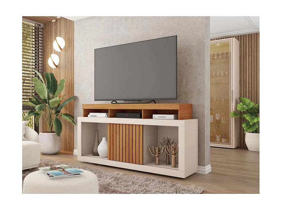 Meuble TV Effet Chêne Blanc 136 cm - BEAUX MEUBLES PAS CHERS