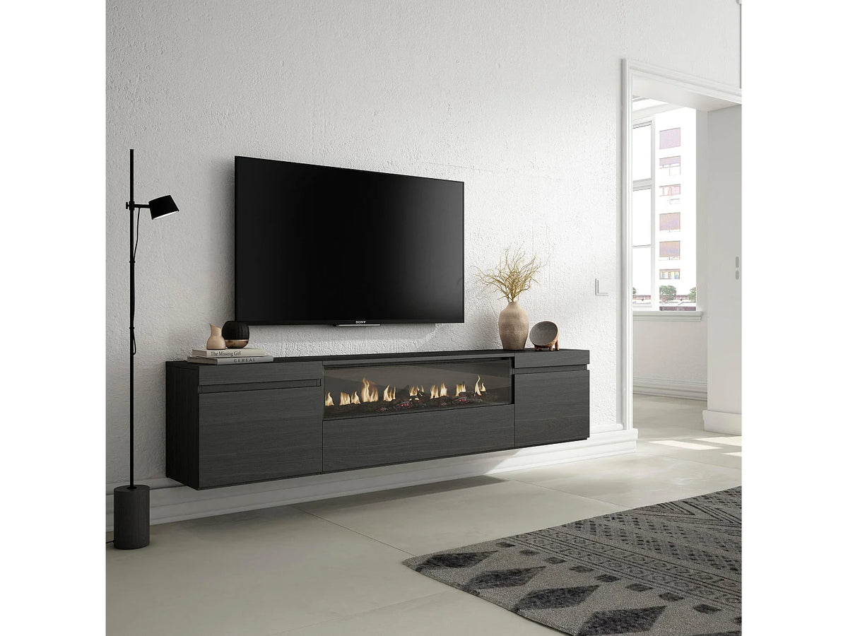 Meuble TV Suspendu en Bois 203 cm avec LED avec Cheminée - SKRAUT HOME vue 2