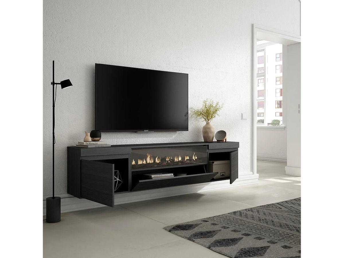 Meuble TV Suspendu en Bois 203 cm avec LED avec Cheminée - SKRAUT HOME vue 3