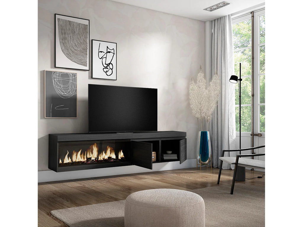 Meuble TV en Bois Noir 208 cm avec LED avec Cheminée - SKRAUT HOME vue 3