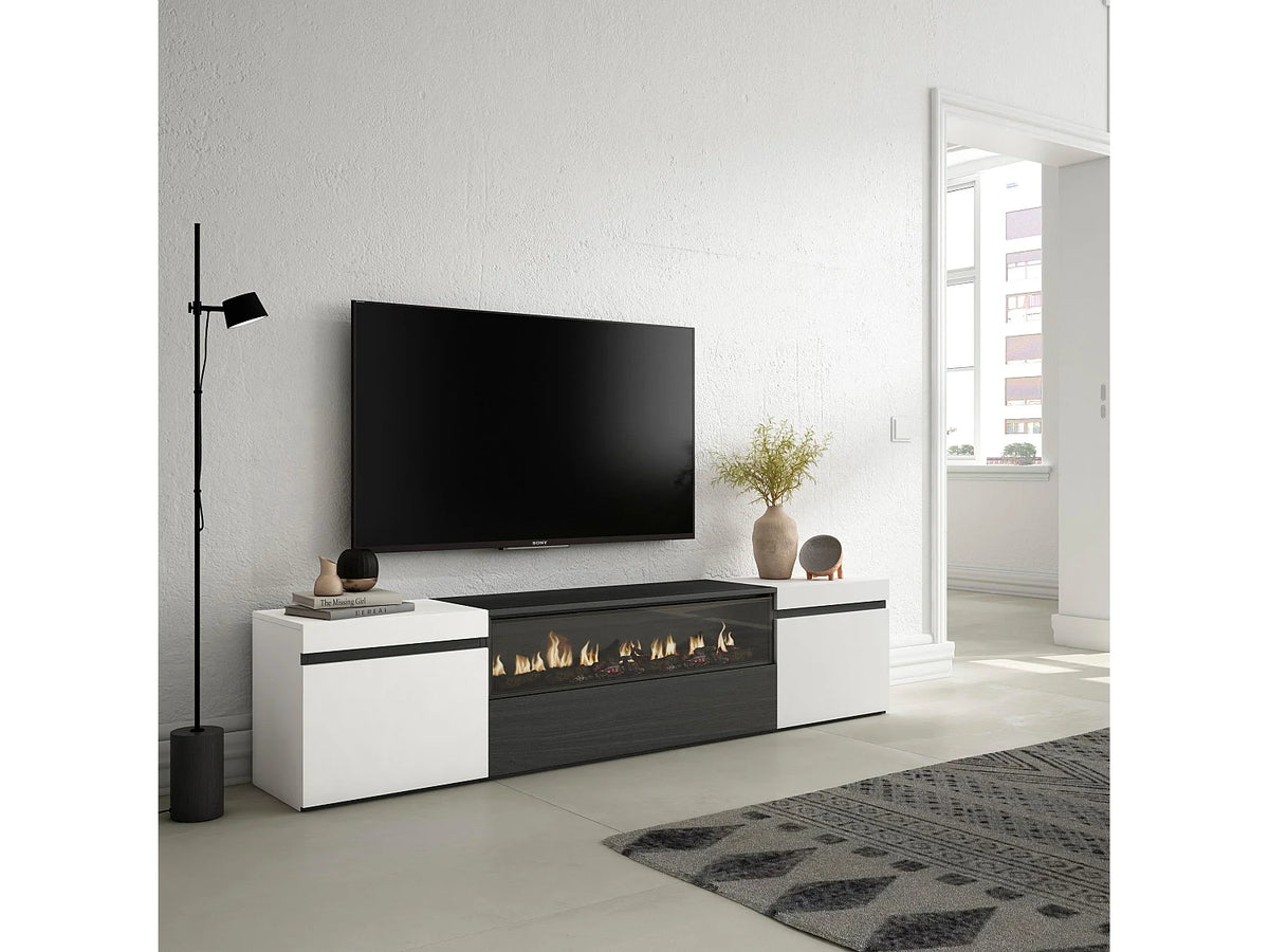 Meuble TV en Bois Blanc 203 cm avec LED avec Cheminée Noir - SKRAUT HOME vue 2