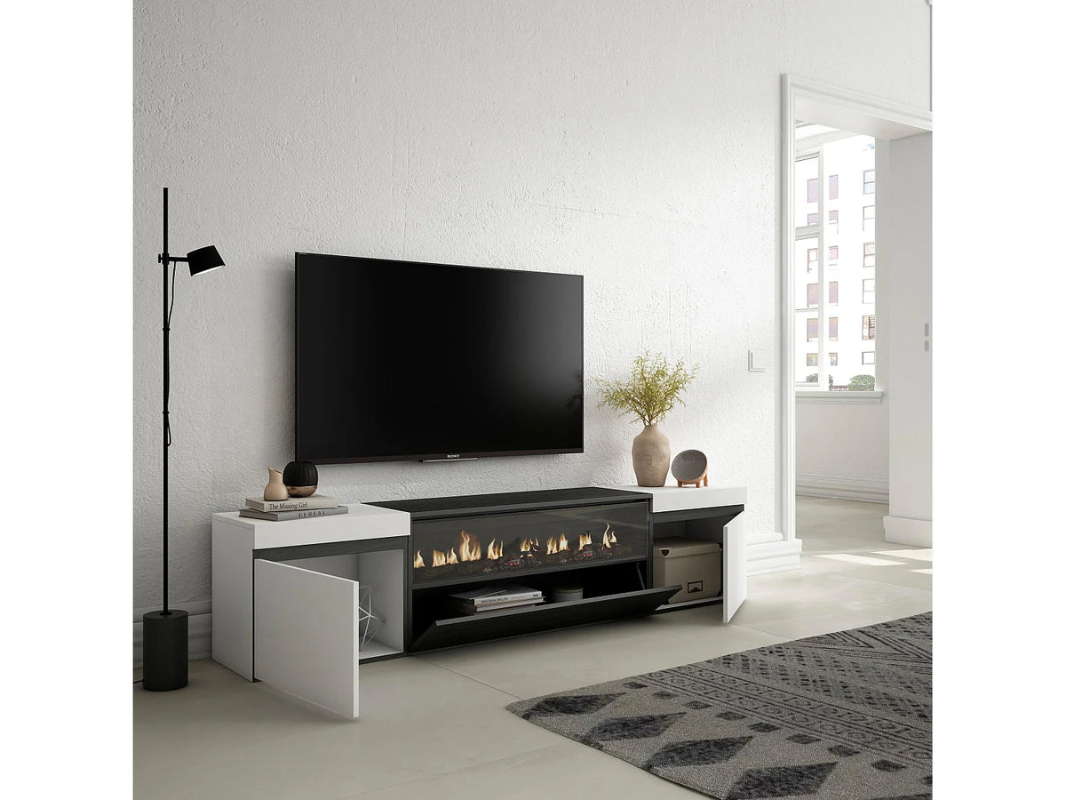 Meuble TV en Bois Blanc 203 cm avec LED avec Cheminée Noir - SKRAUT HOME vue 3