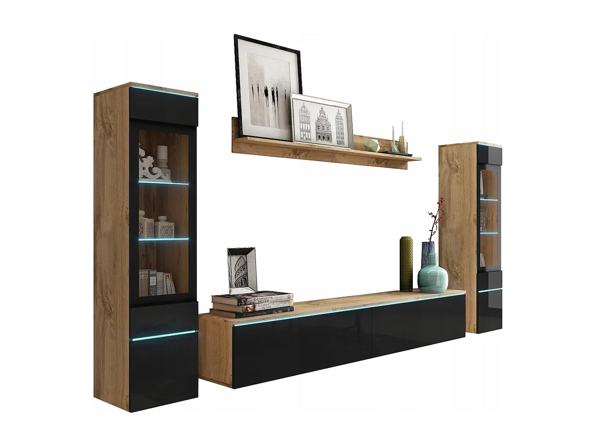 Meuble TV Suspendu Noir 240 cm Bois Clair - LAUREN MEBLE BE