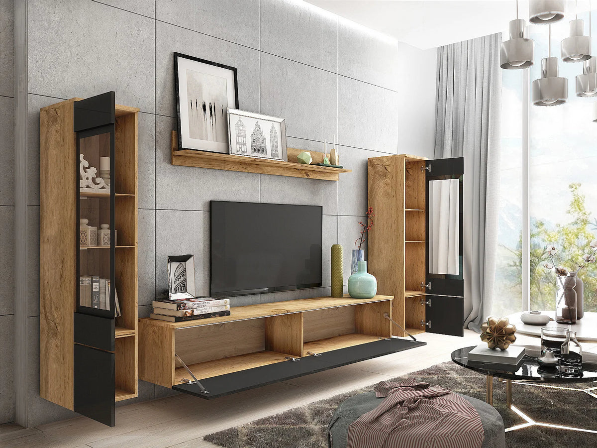 Meuble TV Suspendu Noir 240 cm Bois Clair - LAUREN MEBLE BE vue 3