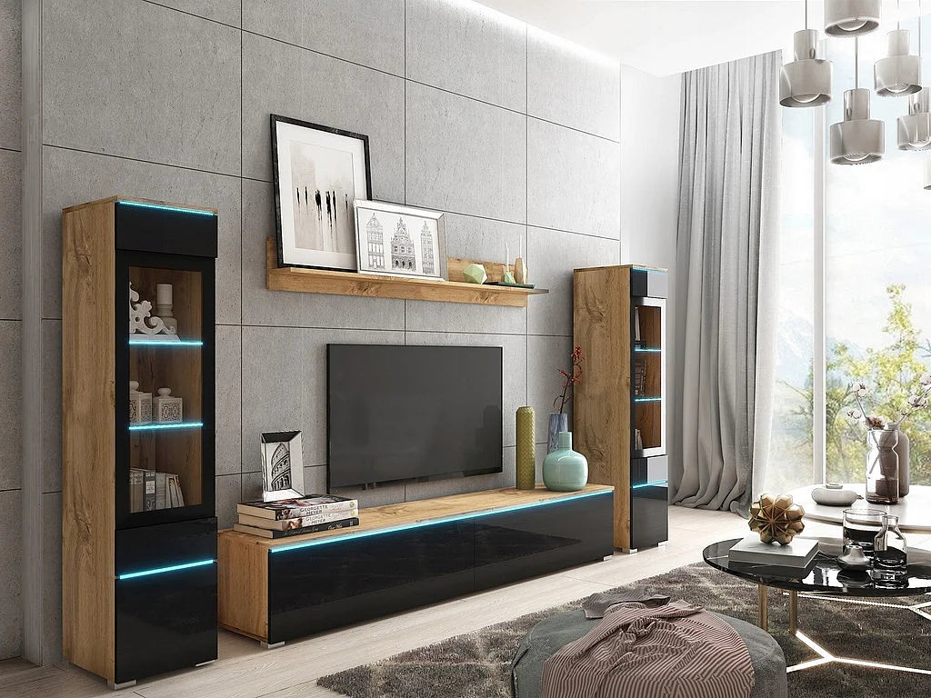 Meuble TV Suspendu Noir 240 cm Bois Clair - LAUREN MEBLE BE vue 4