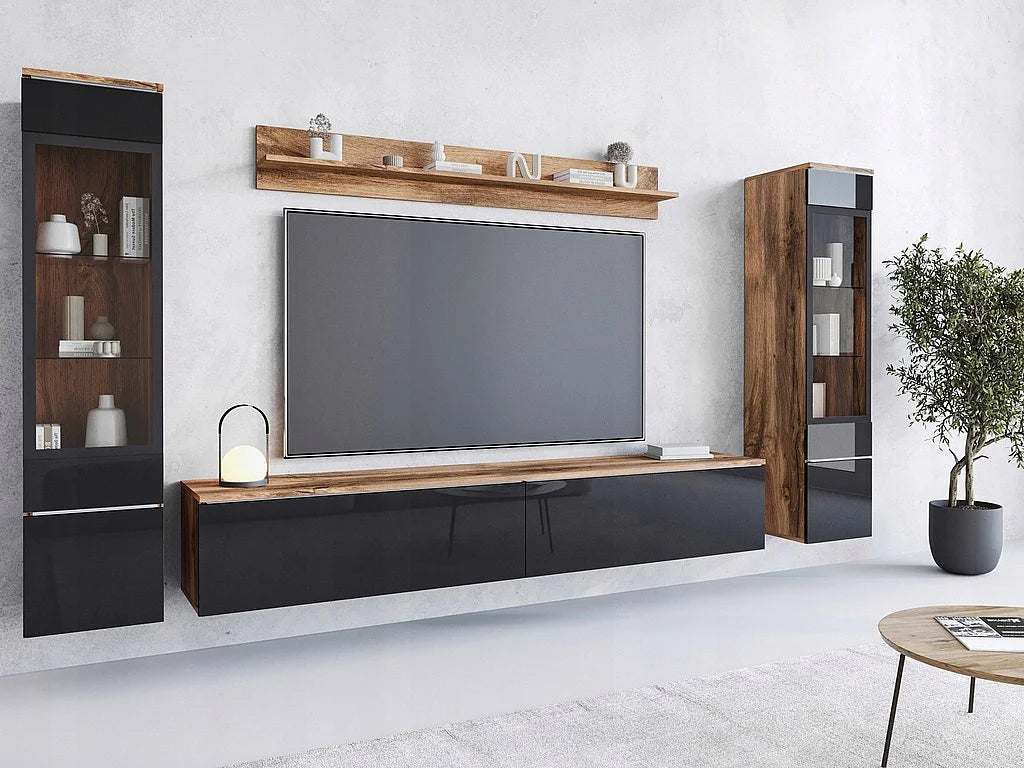 Meuble TV Suspendu Noir 240 cm Bois Clair - LAUREN MEBLE BE vue 5