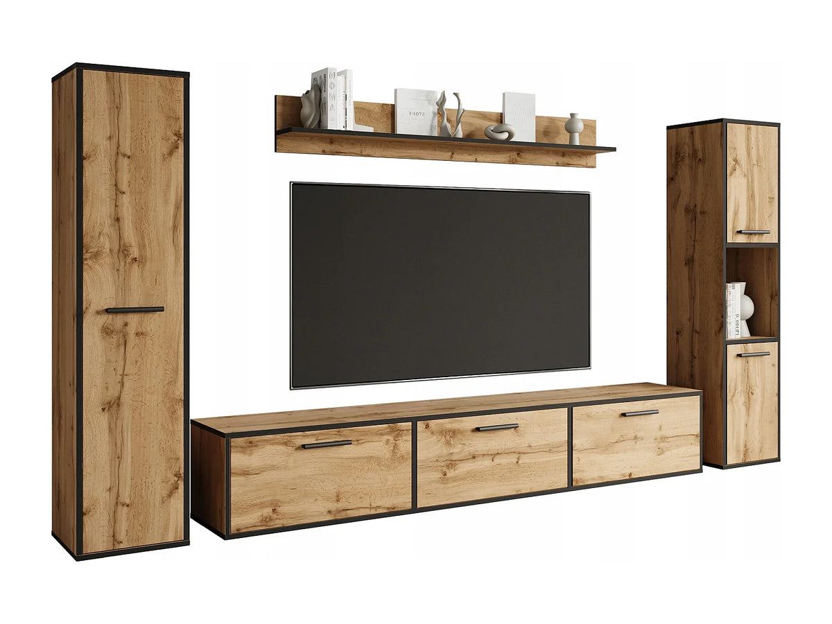 Meuble TV Suspendu Noir 240 cm Bois Clair Industriel - LAUREN MEBLE BE