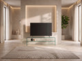 Meuble TV bas 140 cm STILEOS dans un salon moderne lumineux aux tons chauds, vue de face