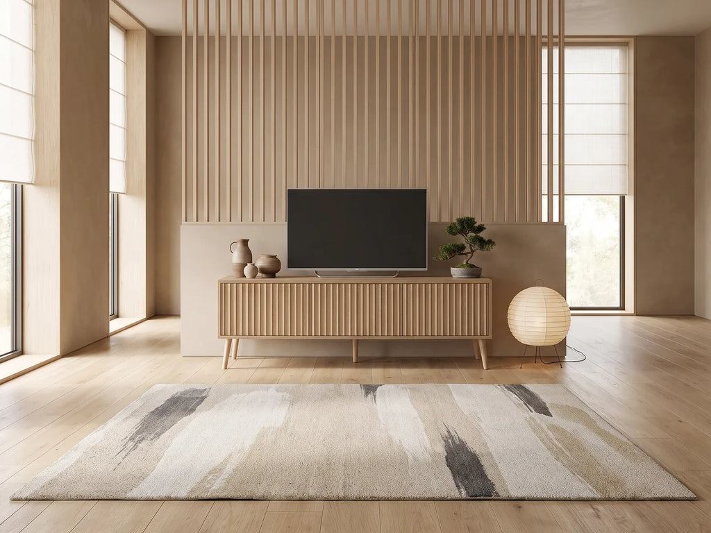 Meuble TV bas effet chêne VS VENTA-STOCK dans un salon japandi lumineux aux tons chauds, vue de face