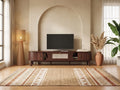 Meuble TV bas en bois 170 cm 2 portes MODERNLUXE dans un salon bohème lumineux aux tons chauds, vue de face