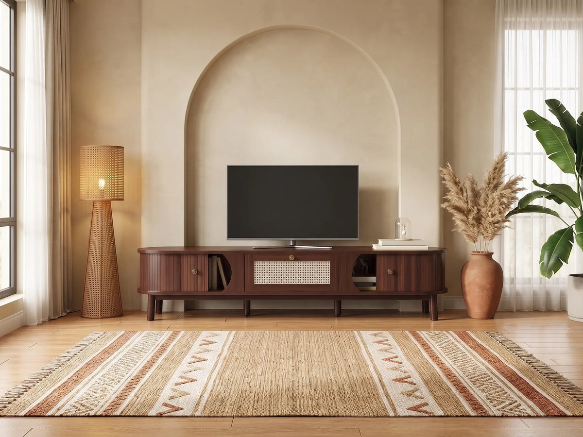 Meuble TV sur Pieds Marron Rainuré 2 Portes Coulissantes 170 cm MODERNLUXE dans un salon bohème lumineux aux tons chauds, vue de face