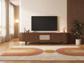 Meuble TV bas en bois 180 cm 2 portes MODERNLUXE dans un salon vintage lumineux aux tons chauds, vue de face