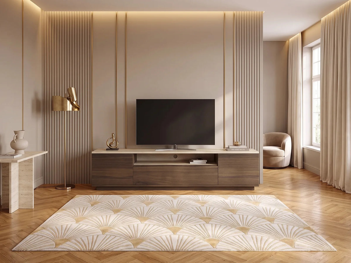 Meuble TV Bas Effet Travertin et Bois Foncé 3 Portes 180 cm LOTULA dans un salon Art déco lumineux aux tons chauds, vue de face
