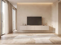 Meuble TV bas en bois ANGEL dans un salon minimaliste lumineux aux tons chauds, vue de face
