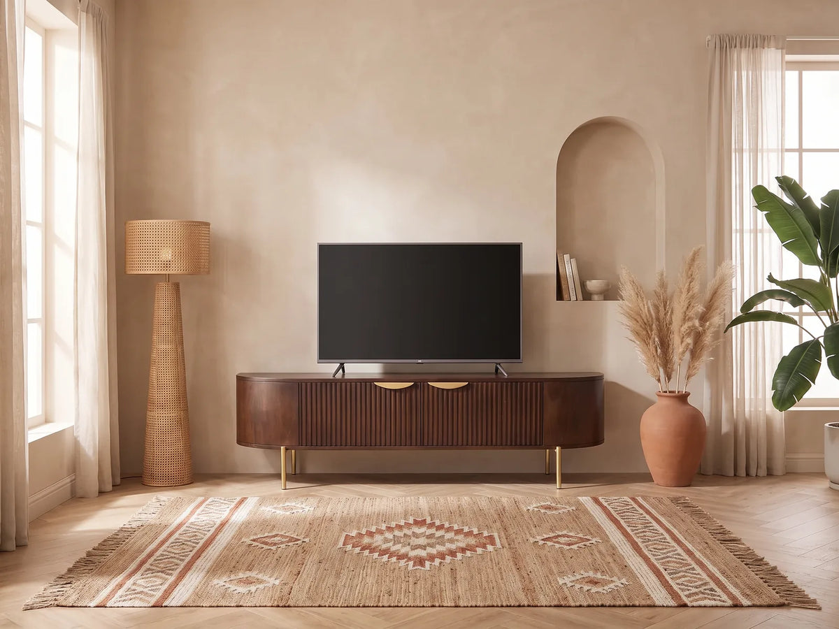 Meuble TV bas en bois massif NEVILI dans un salon bohème lumineux aux tons chauds, vue de face