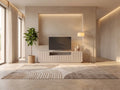 Meuble TV beige 180 cm EROLYA dans un salon moderne lumineux aux tons chauds, vue de face