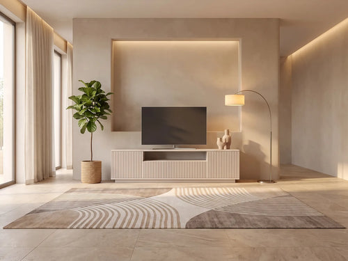 Meuble TV beige 180 cm EROLYA dans un salon moderne lumineux aux tons chauds, vue de face