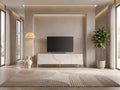 Meuble TV beige 180 cm ZELINARO dans un salon moderne lumineux aux tons chauds, vue de face