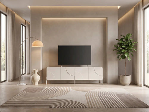 Meuble TV beige 180 cm ZELINARO dans un salon moderne lumineux aux tons chauds, vue de face