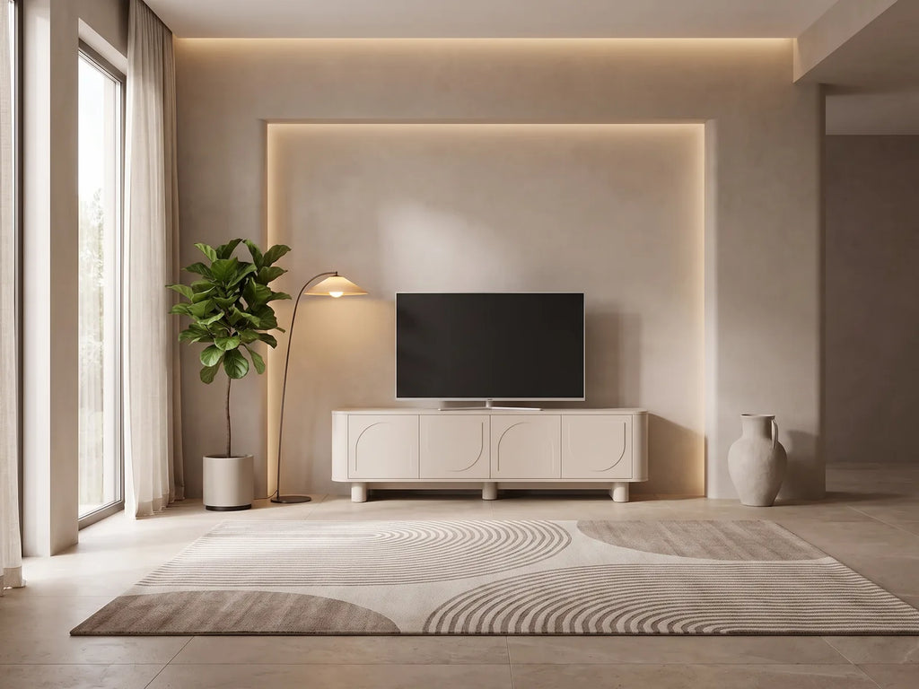 Meuble TV beige moderne BRISTANA dans un salon moderne lumineux aux tons chauds, vue de face