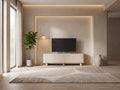 Meuble TV beige moderne BRISTANA dans un salon moderne lumineux aux tons chauds, vue de face