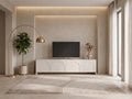 Meuble TV beige NALYRA dans un salon moderne lumineux aux tons chauds, vue de face