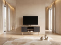 Meuble TV d'angle noir DECOROTIKA FR dans un salon minimaliste lumineux aux tons chauds, vue de face