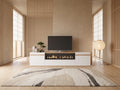 Meuble TV effet chêne blanc SKRAUT HOME dans un salon japandi lumineux aux tons chauds, vue de face